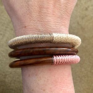 Boho Wood and Cord Wrapped Bangle Set | 2.5” Inner Diameter